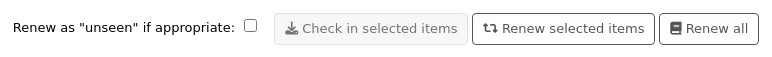 Three buttons: 'Check in selected items', 'Renew selected items' and 'Renew all'