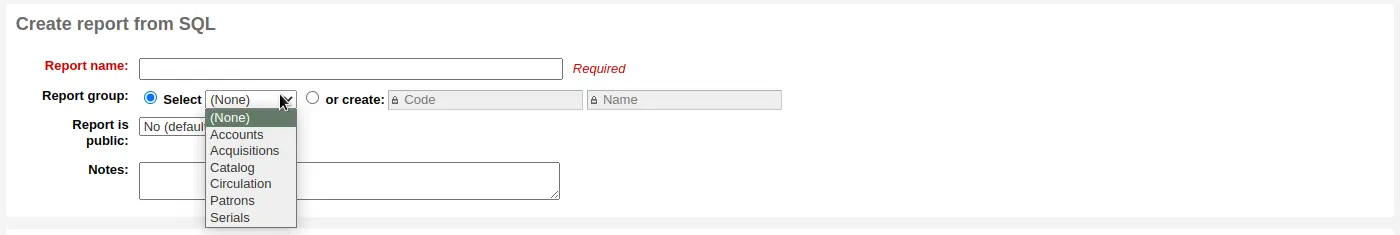 New report from SQL form, the group drop-down menu is open
