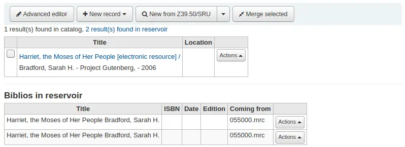 List of catalog records, followed by list of records in reservoir