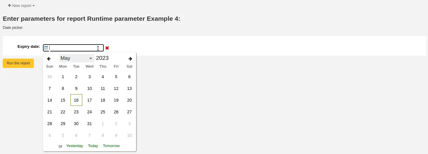 When running the report, the user is asked to pick a date in the calendar (date picker)