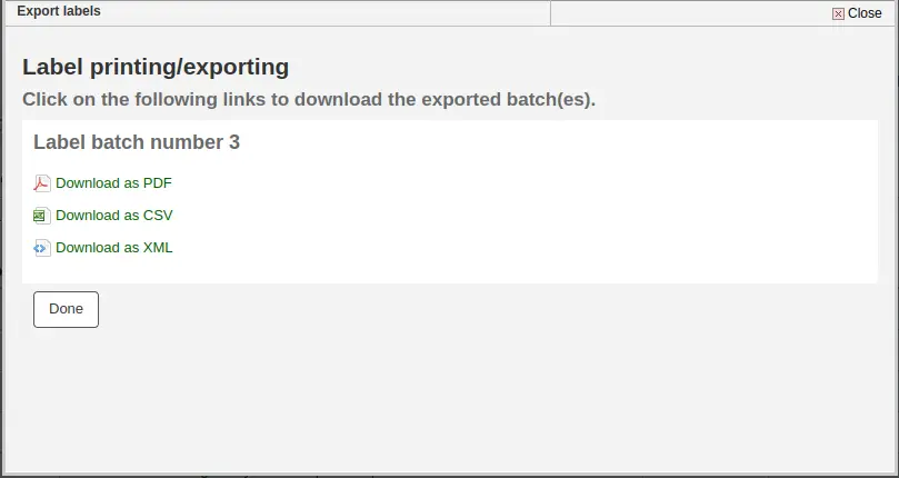 Options to download the generated labels: PDF, CSV or XML.