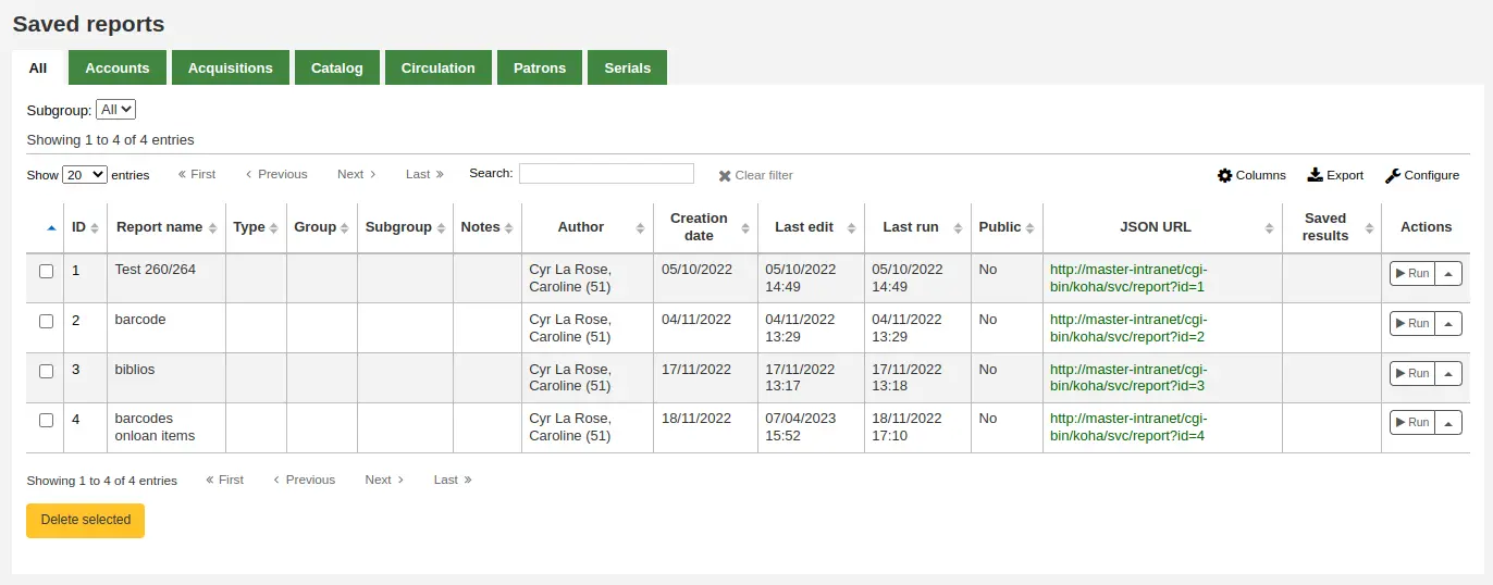List of saved reports, "All" tab is selected