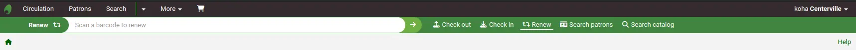 Menu and search bar at the top of the page in the staff interface, the renew option is selected
