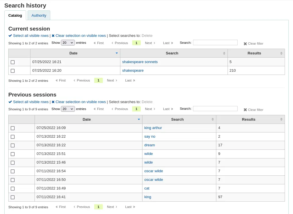 Bibliographic search history