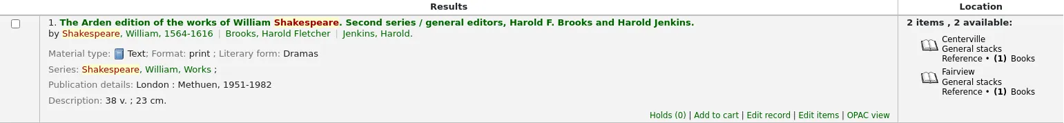 A single search result in the staff interface
