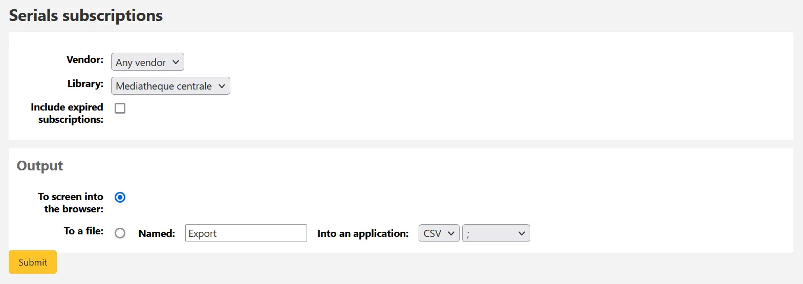 In the reports module, the form to launch statistics in the serials