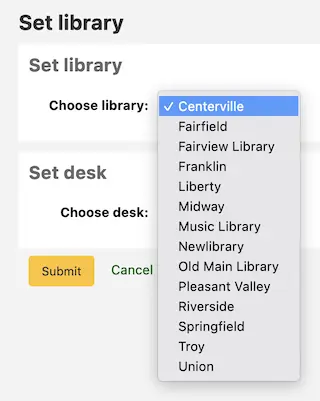 Dropdown menu with branches list in the Set library setting.