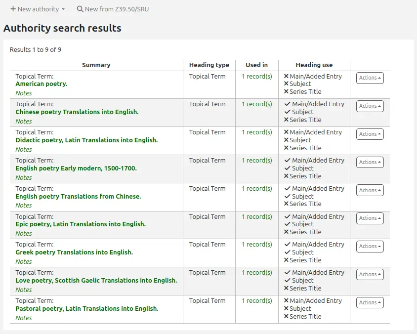 Authority search results table for 'poetry'. Columns are summary, heading type, used in, and heading use. The heading use column shows if the records is appropriate for use in main/added entry, subject, or series title. If it is appropriate, there is a check mark, if not, there is an X.