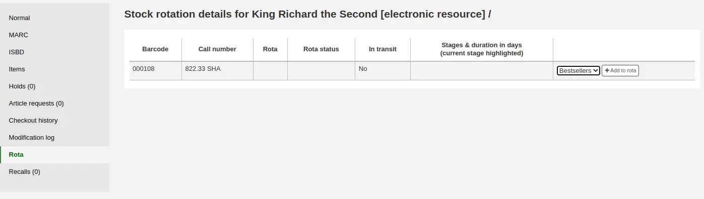 The 'Rota' tab in a detailed record in the staff interface catalog, the options are to add the item to a rota