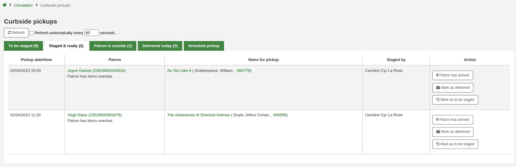 Curbside pickup management page, the Staged & ready tab is selected, there are several scheduled pickups already prepared and waiting for pickup