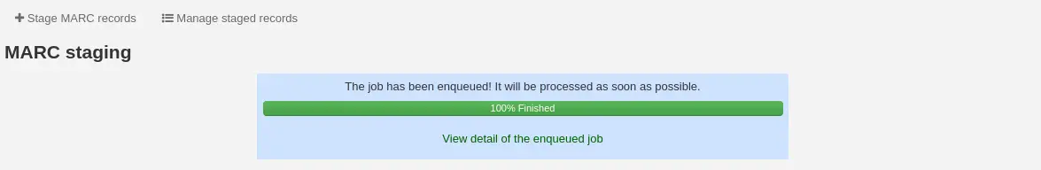 Message saying the record staging job has been enqueued, with a link to see the job