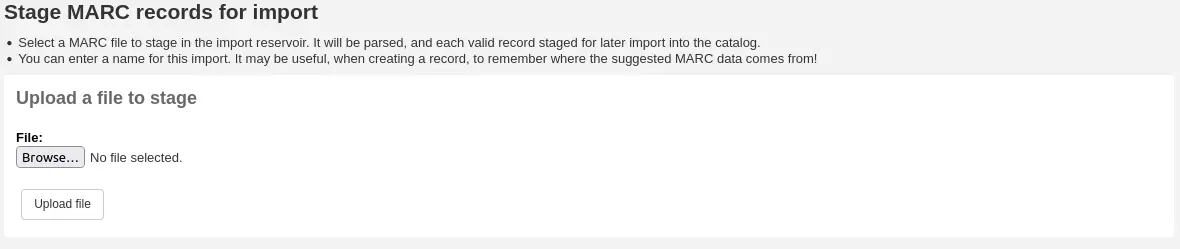 The first section of the record staging tool, upload a file to stage