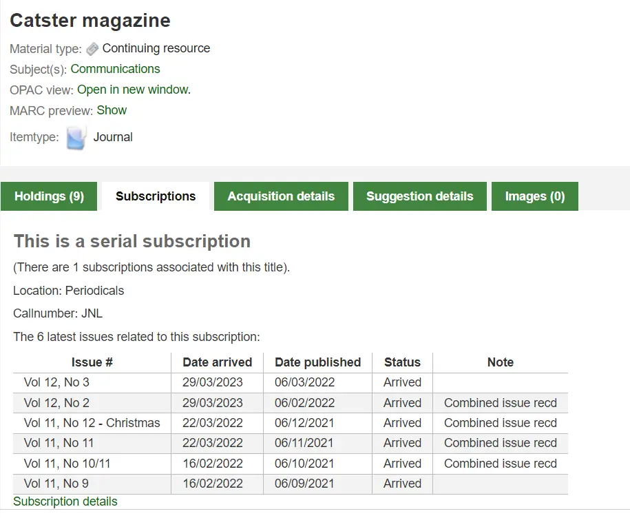 The Subscriptions tab of a bibliographic record in the staff interface