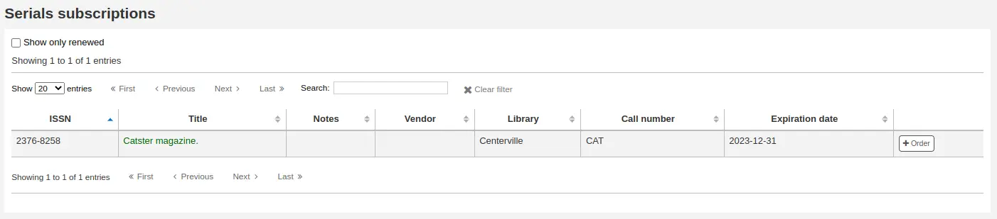 Table of results of serials subscription search, the last column contains an Order button