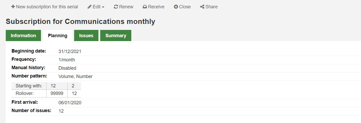 Subscription details page, Planning tab
