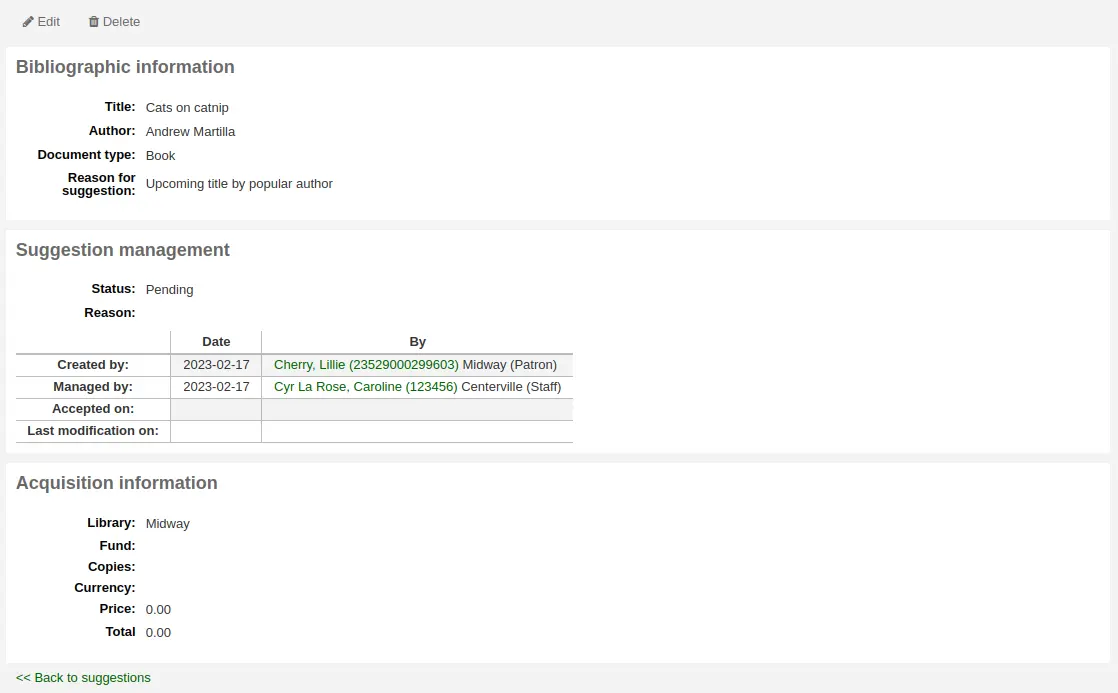 Details page of a purchase suggestion