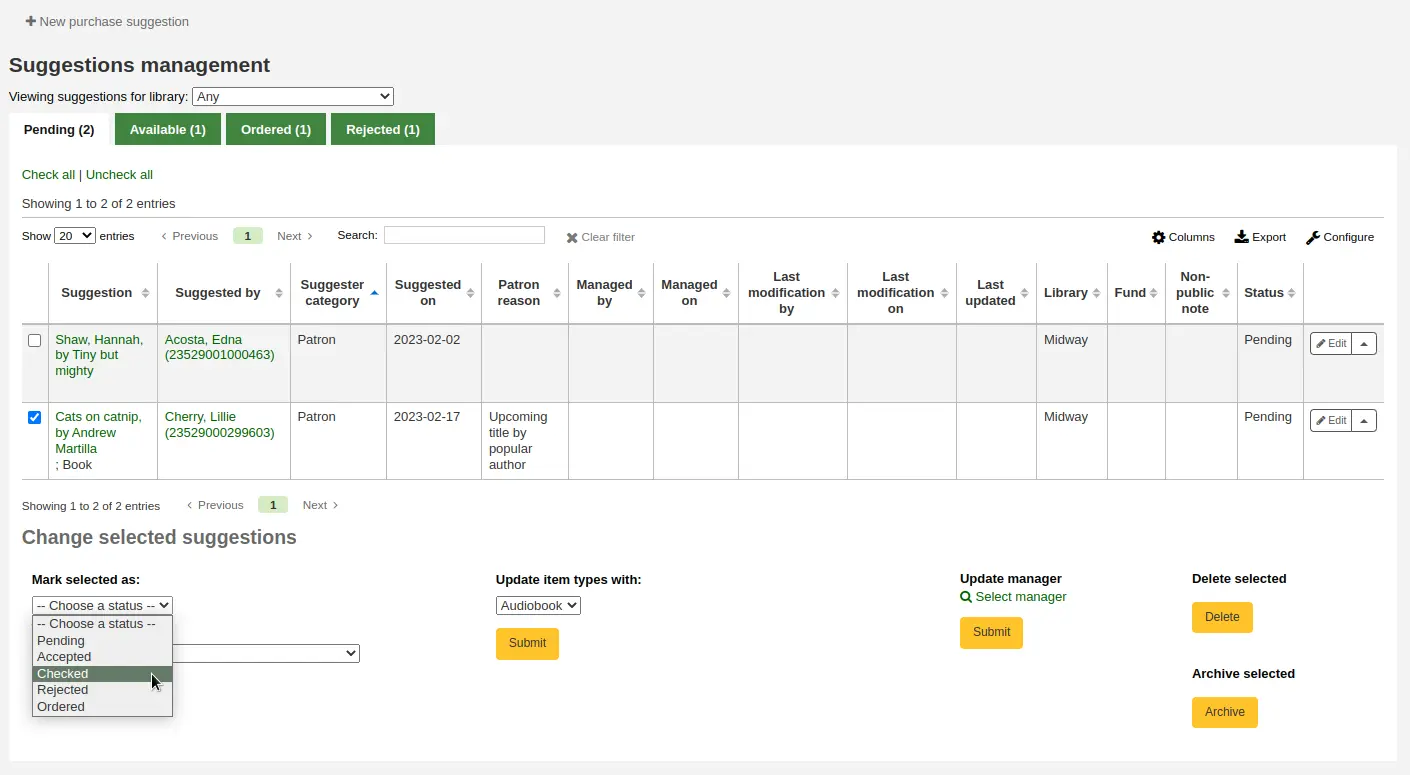 Pending suggestions page, one suggestion is checked and the cursor is choosing a new status in the Change selected suggestions section below