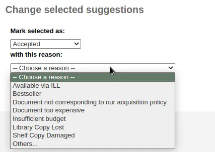 Dropdown menu for reasons of accepting or rejecting a purchase suggestion