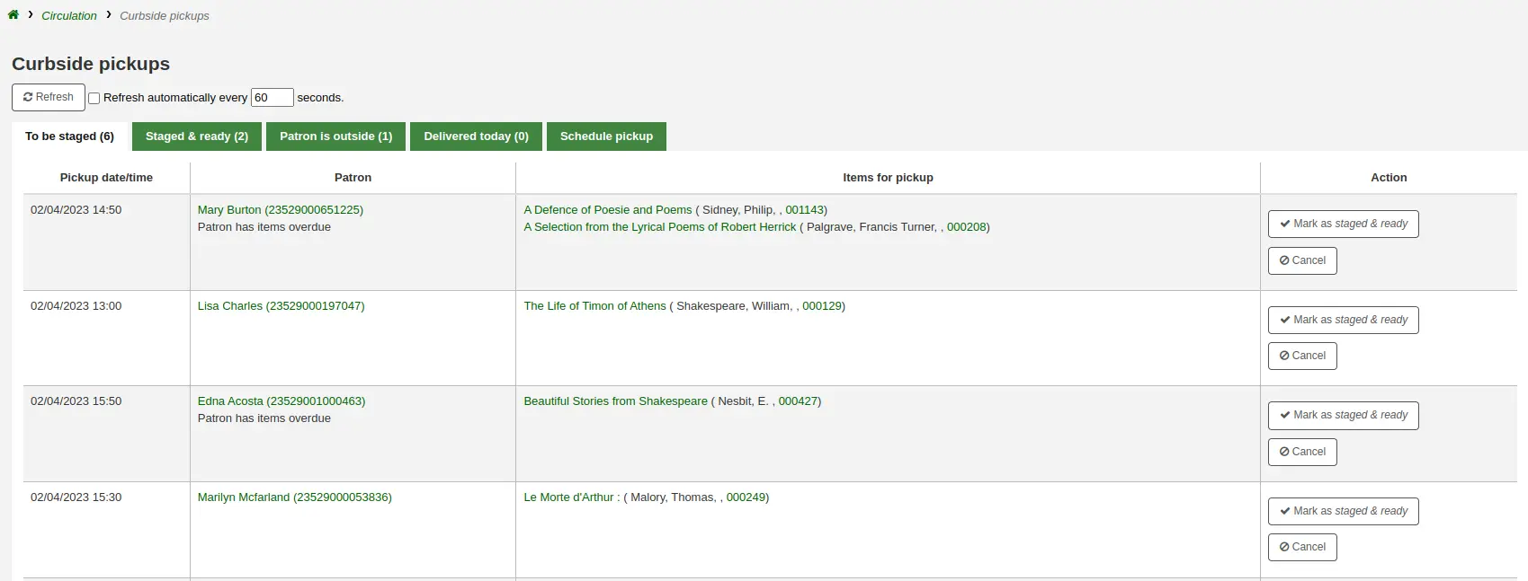 Curbside pickup management page, the To be staged tab is selected, there are several scheduled pickups to prepare