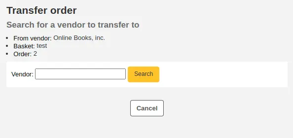 Vendor search box for transferring orders