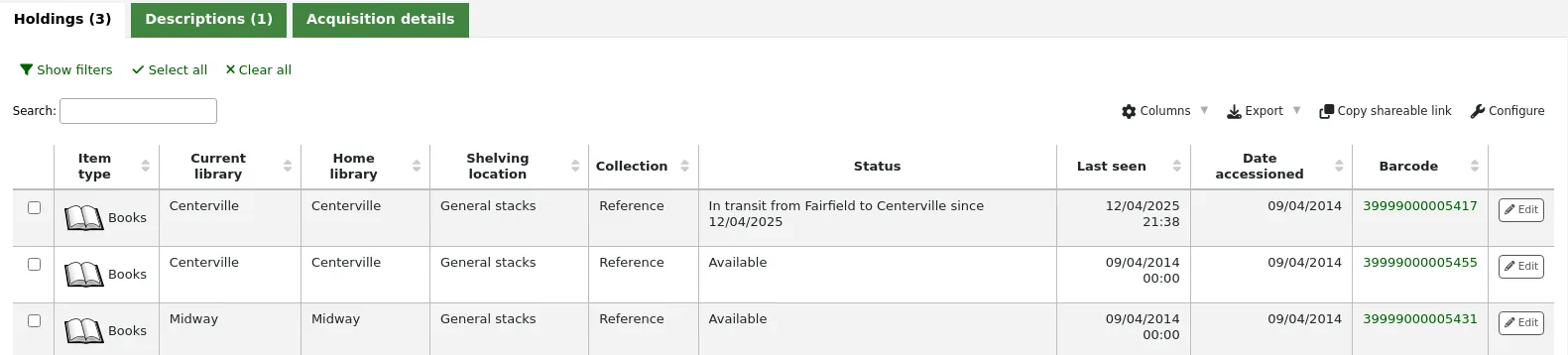 Item display in the staff interface, the status is 'In transit from Fairview to Centerville since 25/04/2023'.
