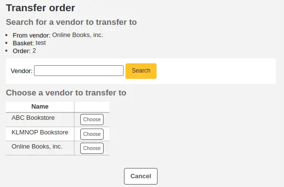 List of vendors to transfer an order to