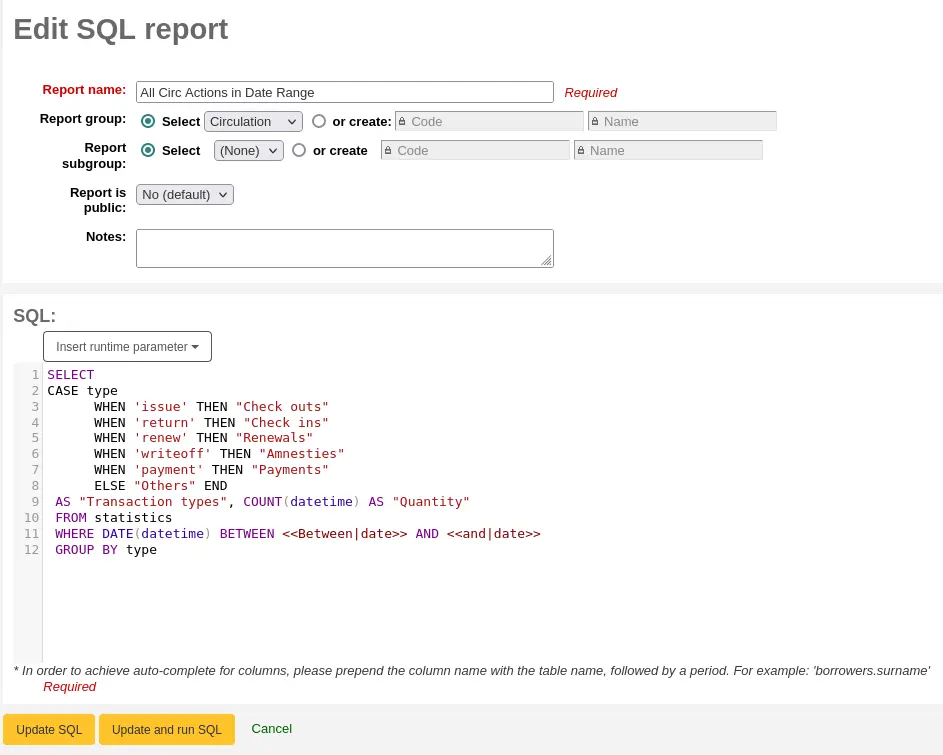 The edit report form with the 'update' button and 'save and run sql' button