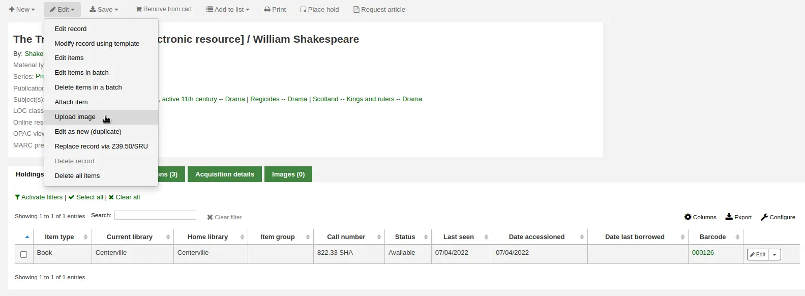 The Edit menu in a bibliographic record is opened and the cursor is on the 'Upload image' option