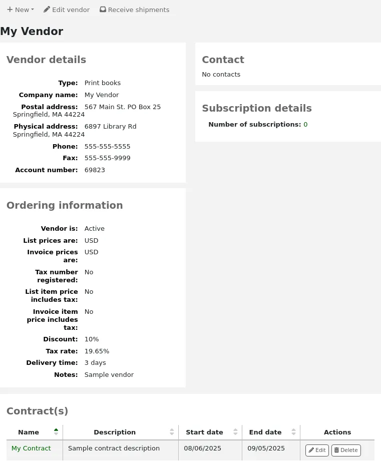 Vendor information page