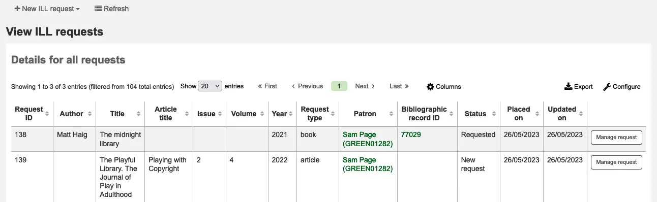 Part of the ILL module homepage, showing a list of ILL requests.