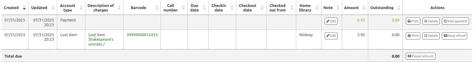 Table of accounting transactions in a patron's account showing a charge and a payment. The payment line has the action buttons 'Print', 'Details', and 'Void payment'.