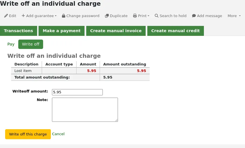 Form to write off an individual charge