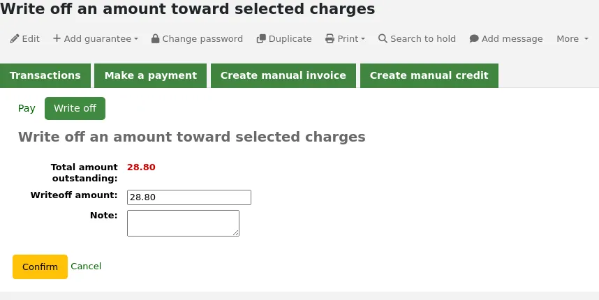 Form to write off selected charges
