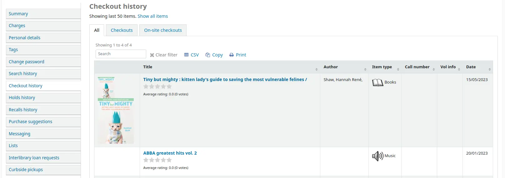 View of the patron's checkout history on the OPAC