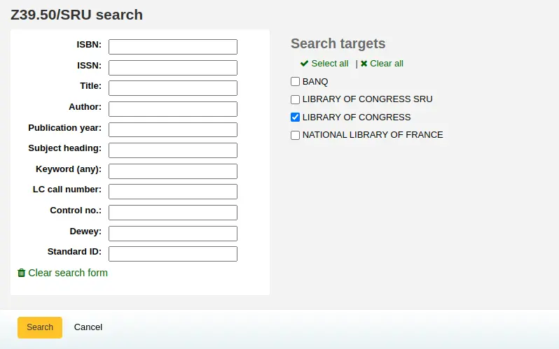 Z39.50 search form, search fields on the left, Z39.50 targets on the right